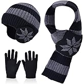 Kids Winter Hat Scarf Gloves Set 3Pcs, 3-12Y Fleece Lined Beanie With Earmuffs Double Layer Scarf Touchscreen Gloves Toddlers