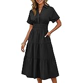 Wenrine Womens Summer Short Sleeve Maxi Dresses Casual V Neck Smocked Loose Tiered Flowy Shirt Dress with Pockets