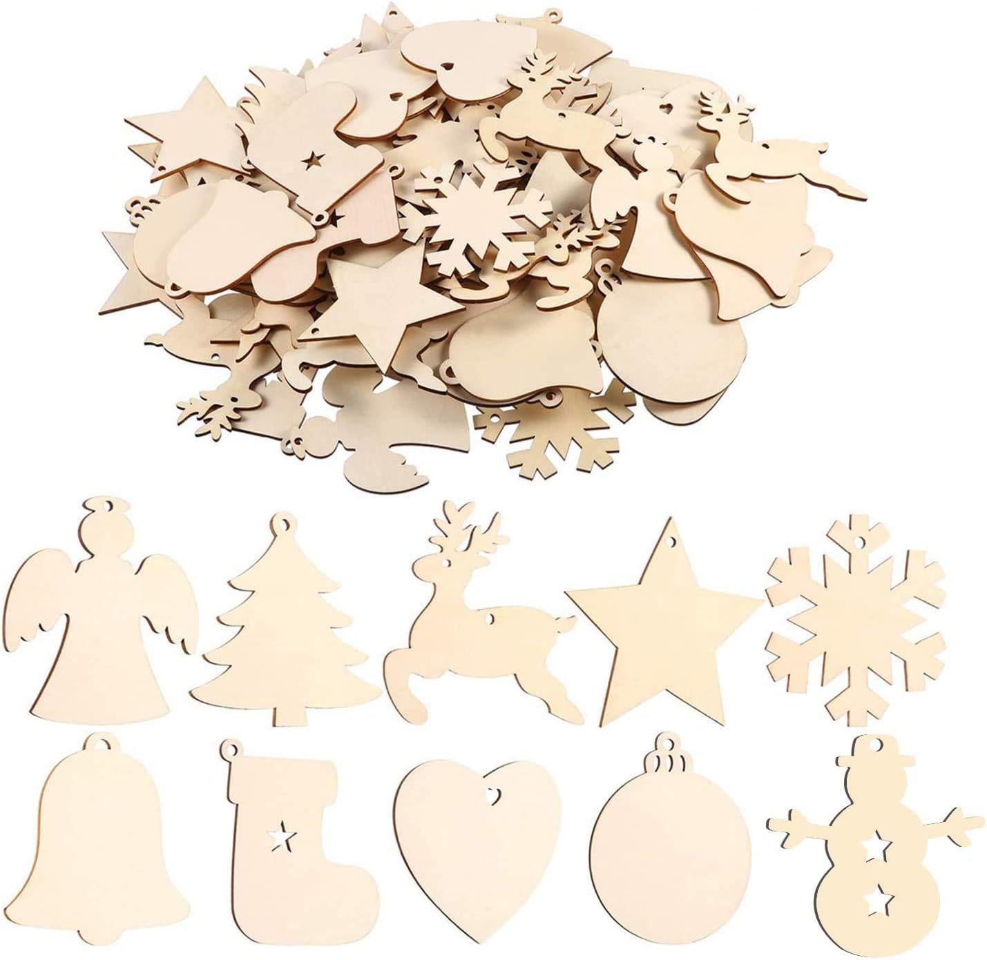 EKKONG 100 Pieces Wooden Christmas Tree Decoration Set, Hanging Ornaments, DIY Crafts (100 pcs), Holzfarbe