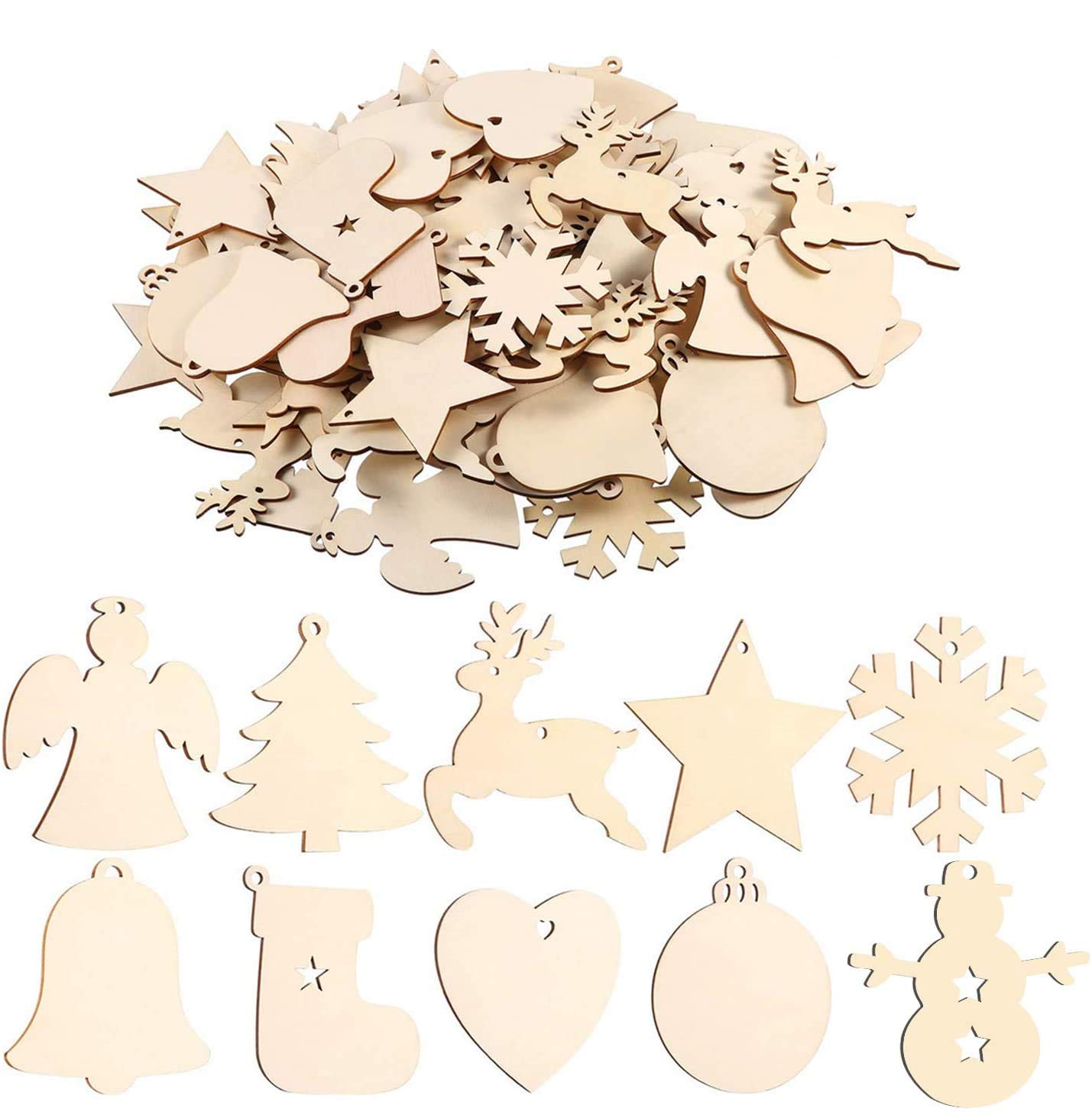 EKKONG 100 Pieces Wooden Christmas Tree Decoration Set, Hanging Ornaments, DIY Crafts (100 pcs)