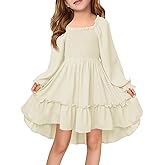 Haloumoning Girls Lantern Long Sleeve Dresses Kids Square Neck High Low Hem Smocked Fall Dress 5-14 Years