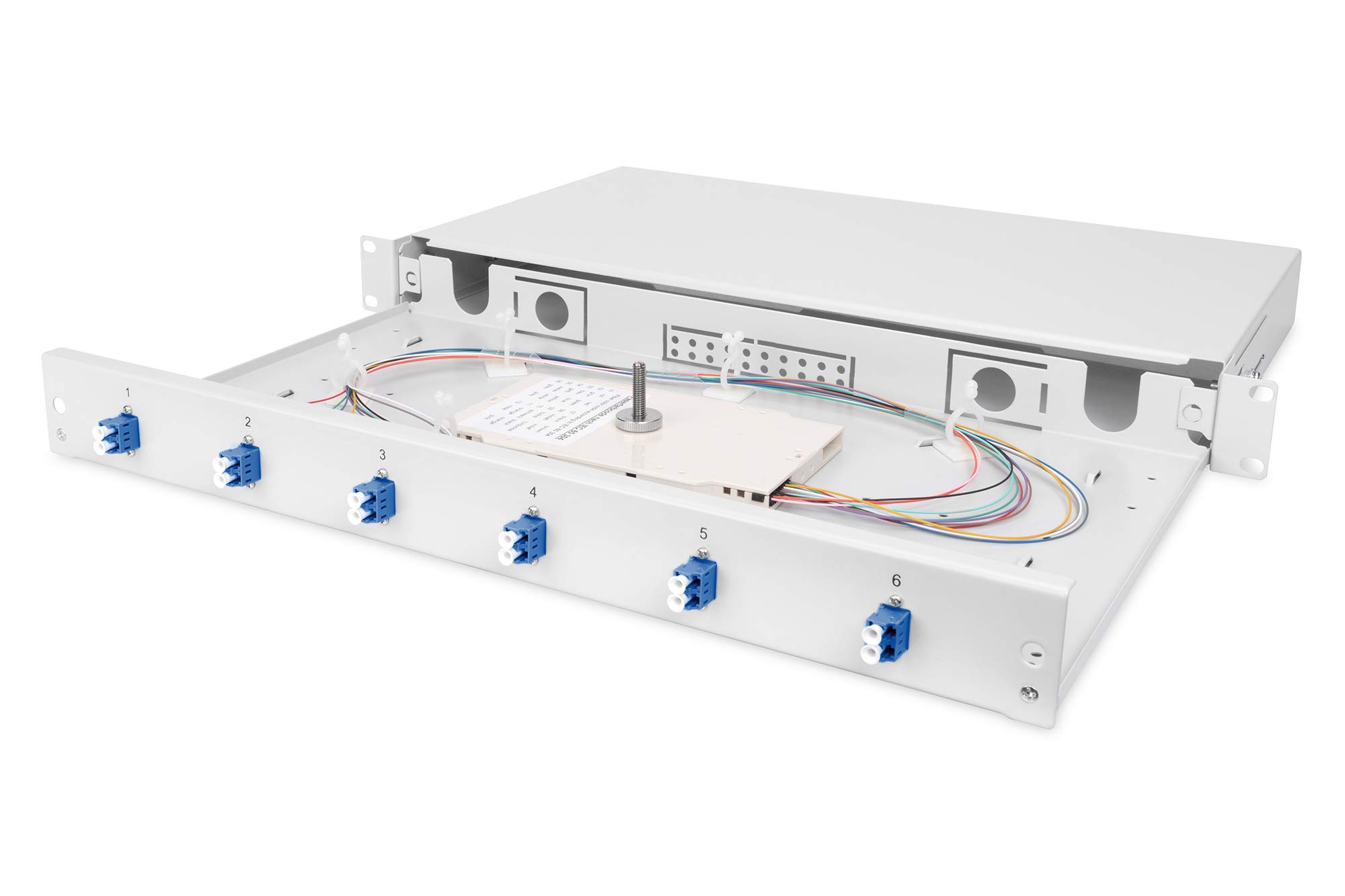 DIGITUS Professional Fibre-optic Splice Box, LC (OS2), 1U, Retractable, Equipped with 6x LC Duplex, Coloured Pigtails, M20/M25 screw connection, Cassette cover, Strain Relief, Grey (RAL 7035)
