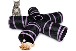 Sheldamy Cat Tunnel Toy, Collapsible 5-Way Cat Tunnel with Peek Hole and Play Ball, Cat Tunnels for Indoor Cats, Rabbit, Ferret, Puppy, Kitten (Pink & Black)