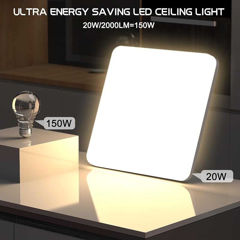 Luz de teto LED, 20W 2000LM 4000K Candeeiros de teto, lâmpada quadrada quadrada ultrafina IP44 para sala de estar, casa de banho, varanda, quarto, corredor, cozinha, cozinha