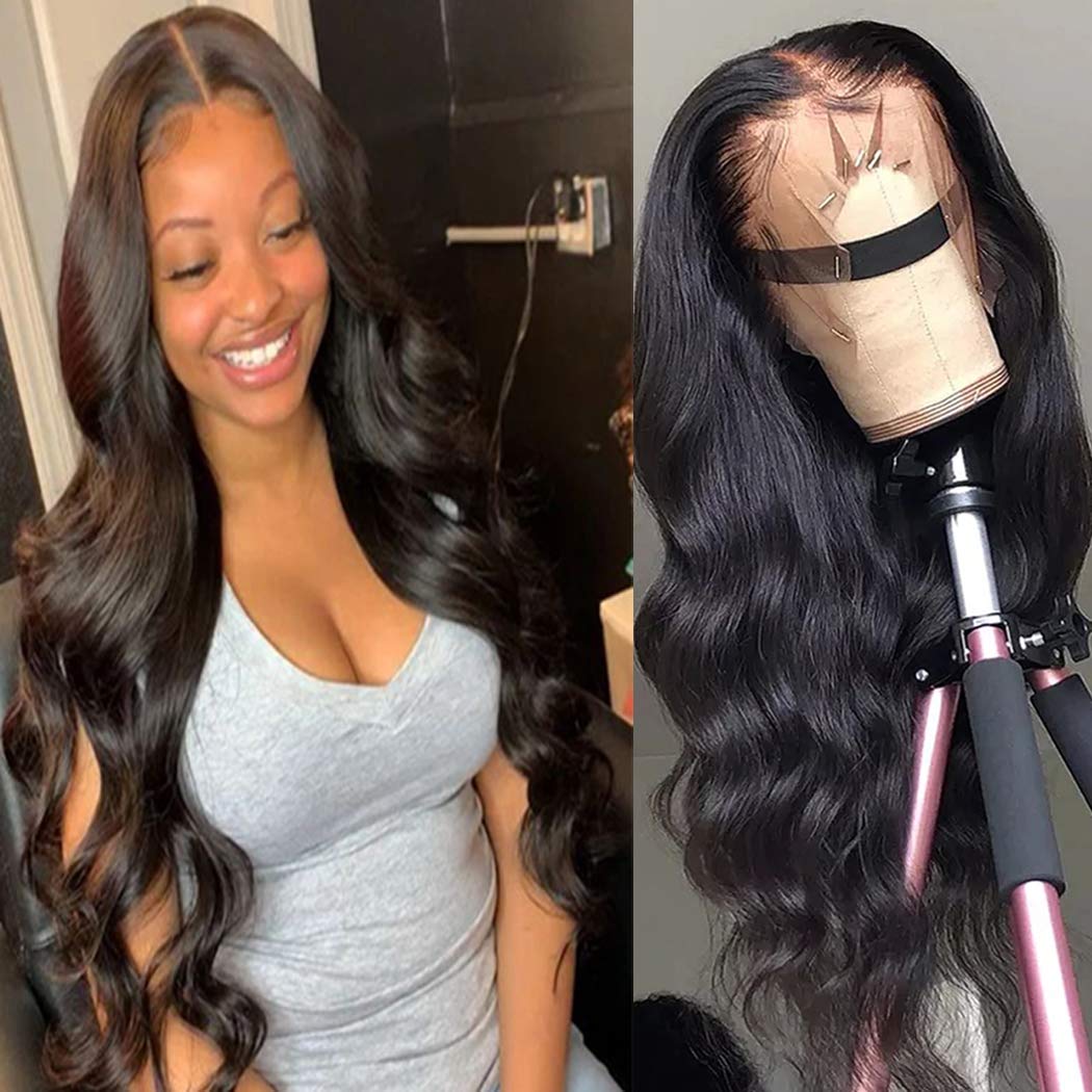 Ali Moda Brazilian Body Wave 360 Lace Frontal Wigs 150% Density Pre-Plucked Virgin Human Hair with Baby Hair Natural Color 24 inch