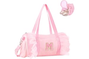 IQIMOTT Personalized Initial Dance Bag for Girls, Small Lace Gym Sport Yoga Cheer Dance Bags Gift for Teen Girls, Cute Letter Kids Ballet Bag Zipper Toddler Travel Duffel Tote with Adjustable Straps(Pink-M)