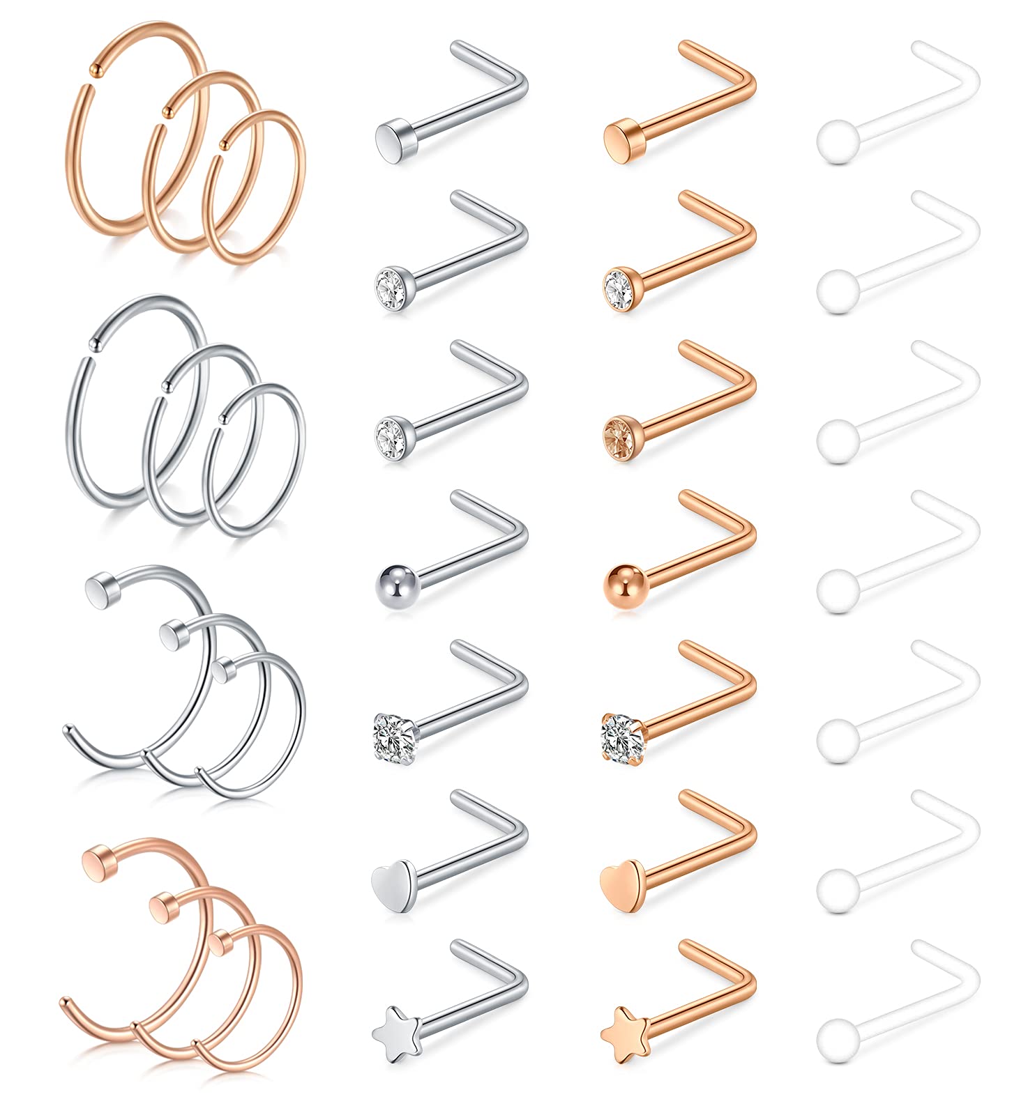 incaton 33Pcs Nose Stud 20G Nose Hoop Rings Nose Piercings Nose Screw L Shaped Nose Studs Set Surgical Steel CZ Nose Piering Jewellery