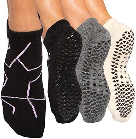 Pointe Studio Women's Grip Socks for Yoga, Barre, Pilates, Dance -- M/L (3 Pairs Mixed Pack in Black-Pink, Charcoal-Black, &amp; Oatmeal-Black)