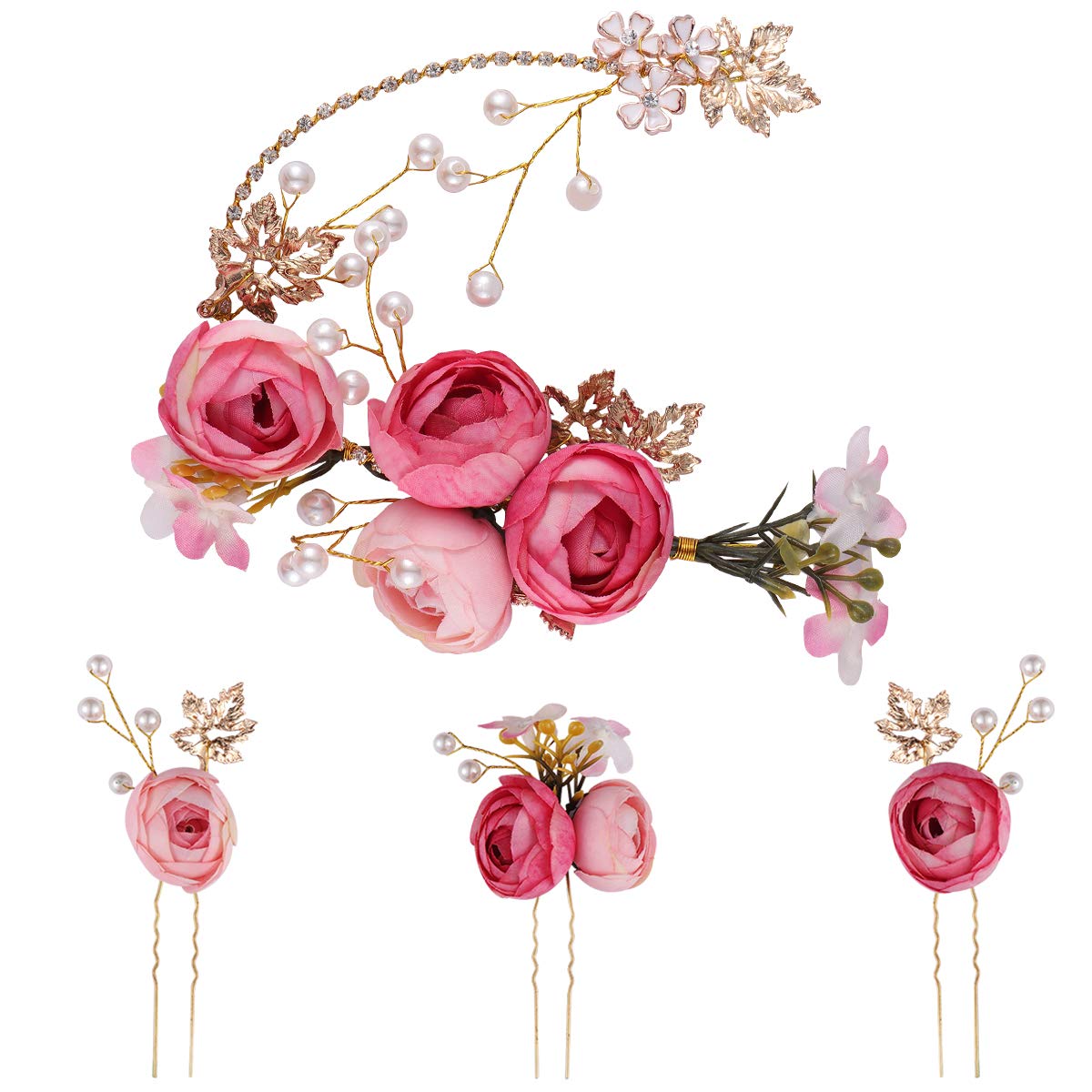 Lurrose 5-Piece U-shaped Rose Hairpins Flower French Side Combs Wedding Accessories for Brides and Bridesmaids (Pink)