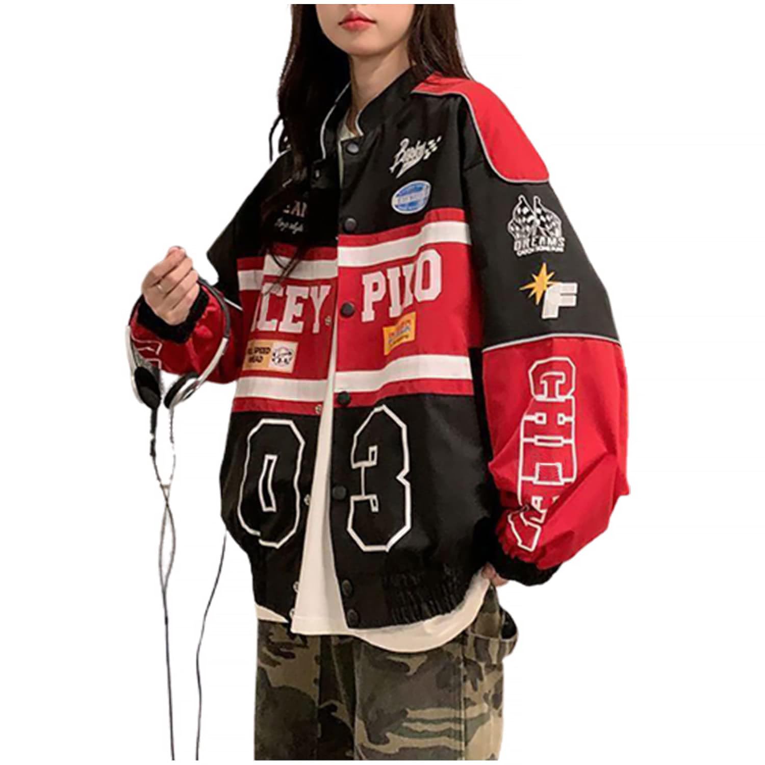 Varsity Jacket for Women Patchwork Long Sleeve Racing Bomber Letterman  Jackets Color Block Y2k Vintage Streetw