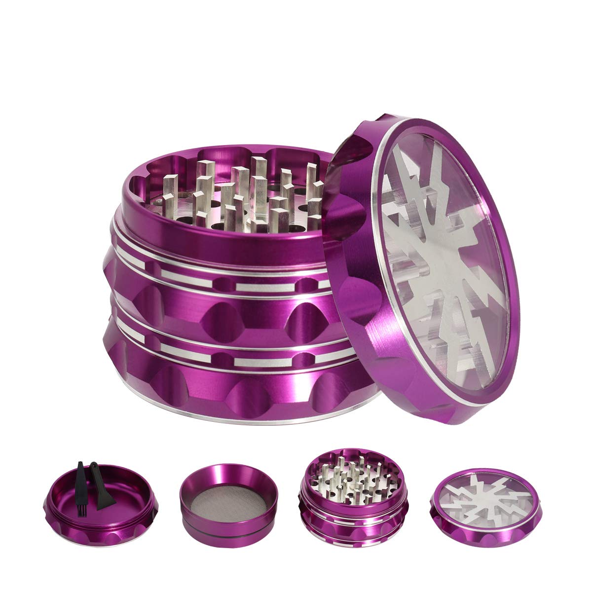 TIRIRS 2.5" 4 Pieces Clear Top Herb Grinder - Aluminium Spice Grinder with Pollen Scraper and Cleaning Brush - Purple Body with Silver Lightning on Top — image 1