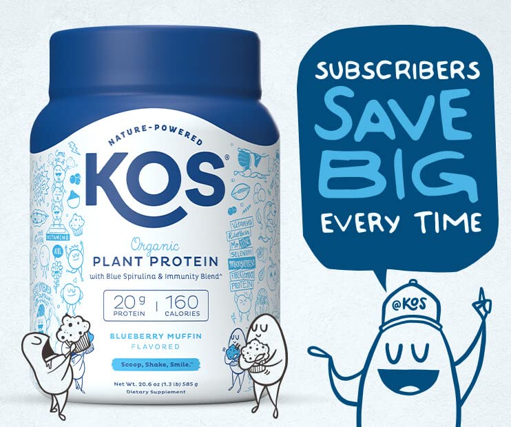 KOS Plant Based Protein Powder, Blueberry Muffin Organic Pea Protein Superfood with Spirulina