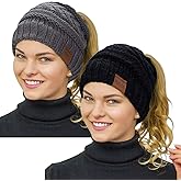 Rosoz 2 Pack Ponytail Beanie for Women,Winter Warm Beanie Tail Soft Stretch Cable Knit Messy High Bun Hat