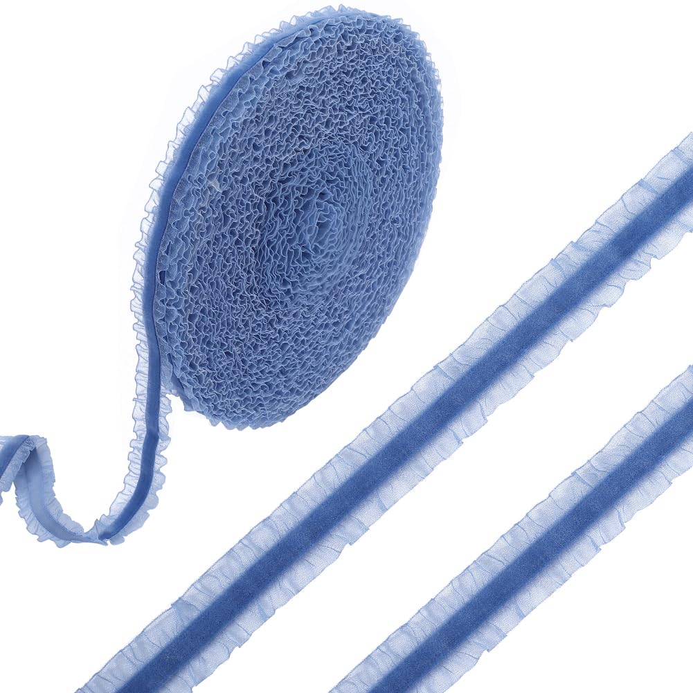 GORGECRAFT 20Yds Double Ruffle Velvet Ribbon 20mm Wide Pleated Organza Sewing Fabric Elastic Lace Trim Stretch Edge Trimming for DIY Crafts Dress Headband Wedding Home Decoration Gift Wrapping Blue