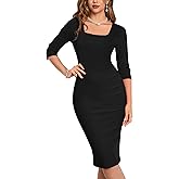 MUXXN Women's Vintage950s Scoop Neck Midi 3/4 Sleeve Pencil Bodycon Business Wear to Work Casual Dress
