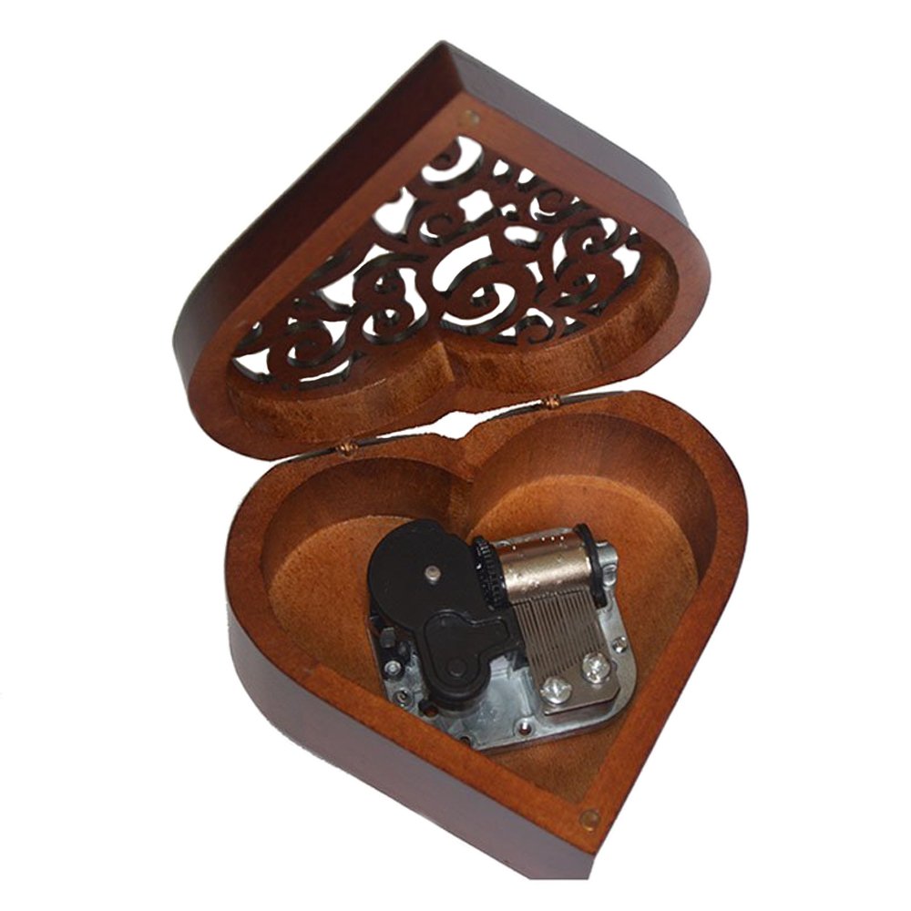 FnLy Antique Engraved Wooden Wind-Up Musical Box,Over The Rainbow Musical Box,with Silver-Plating Movement in,Heart-Shaped
