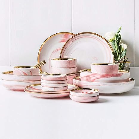 Amazon Myerzi 耐熱ガラス セラミックスディナーセット 26個 ボウル 皿 スプーン プノンペン大理石食器 セット 北欧ミニマリストスタイルの組み合わせ食器セット ピンク 食器セット 食器 グラス カトラリー オンライン通販