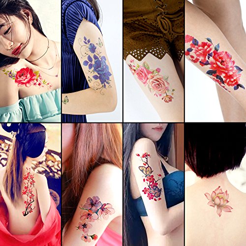 Oottati 8 Sheets Colorful Temporary Tattoos Arm Flower Lotus Rose Ink Cherry Plum Blossom