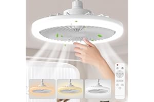 Biukis Socket Ceiling Fan with Light: Small Enclosed Ceiling Fans with Lights and Remote 3 Speed Wind Light Colors Adjustable for Small Bedroom Garage Toolroom Storeroom Indoor Bathroom Kitchen White