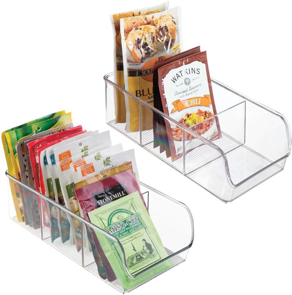 mDesign Plastic Food Packet Kitchen Storage Organizer Bin Caddy - Holds Spice Pouches, Dressing Mixes, Hot Chocolate, Tea, Sugar Packets in Pantry, Cabinets or Countertop - 2 Pack - Clear: Kitchen & Dining