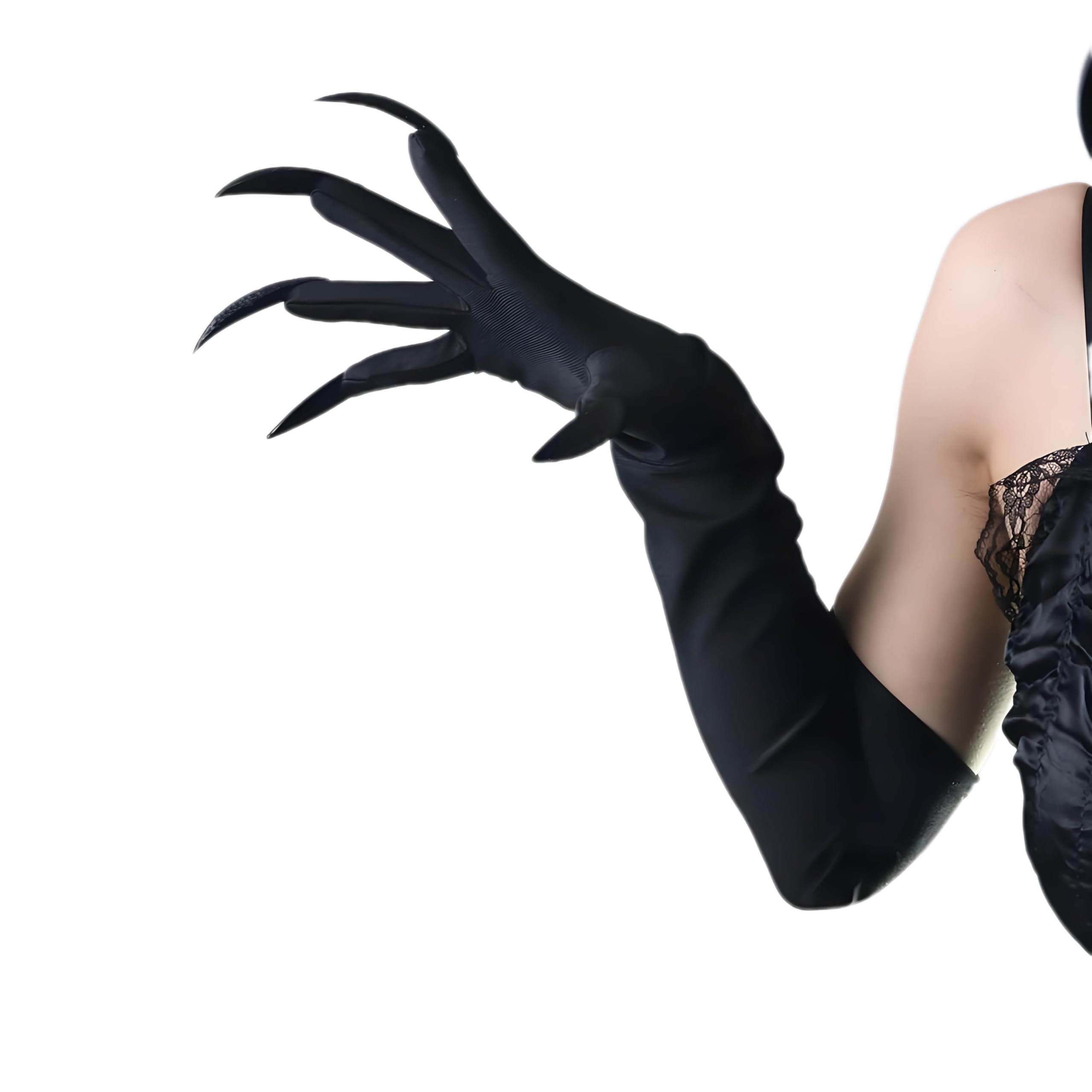 QCHOMEE Black Gloves with Long Nails Adult Woman Halloween Handwear Witch Devil Ghost Cosplay Gloves Stretchy Breathabwomenle Elbow Length Mittens Fancy Dress Up Party Cosplay Carnival