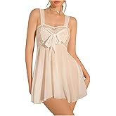 OYOANGLE Women's Floral Lace Mesh Sheer Lingerie Dress Sleeveless Bow Babydoll Chemise Nightwear