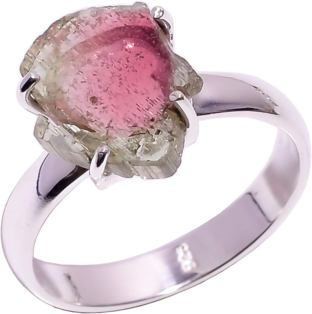 925 Sterling Silver Ring Size UK Q, Natural Raw Watermelon Tourmaline Gemstone Women Jewelry RSR3502