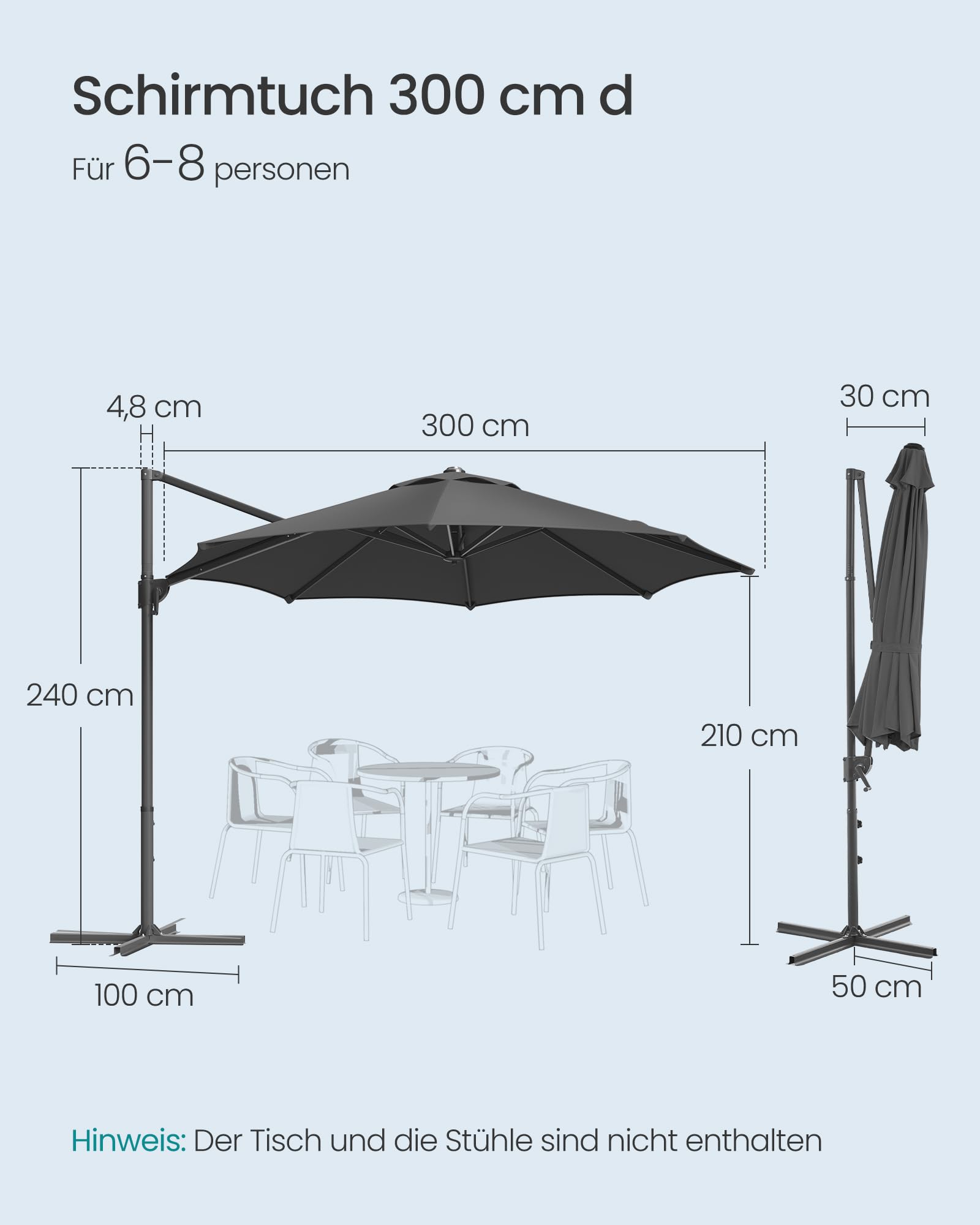 SONGMICS Sonnenschirm, Ampelschirm, 300 cm, UPF 50+, Gartenschirm, um 360° drehbar, Neigungswinkel stufenlos verstellbar, mit Kurbel, Kreuzfuß, grau GPU074G02 3
