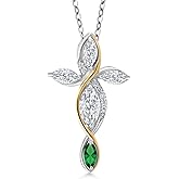 Cross Necklace For Women In 925 Silver and 10K Yellow Gold with White Moissanite and Green Nano Emerald | 1.41 Cttw | Jesus Christian Religious Crucifix | Marquise 8X4MM | With 18 Inch Chain