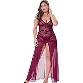 LINGERLOVE Women's Floral Lace Plus Size Babydoll Lingerie Set Sexy Split Maxi Long Nightgown Dress