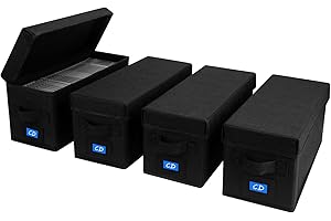 BOATISLE CD Case Holder with Handles and Lid – CD Storage Box with External Label Slots, Easy-to-Move Organizer Case for Efficient Media Storage,4Pack-Black