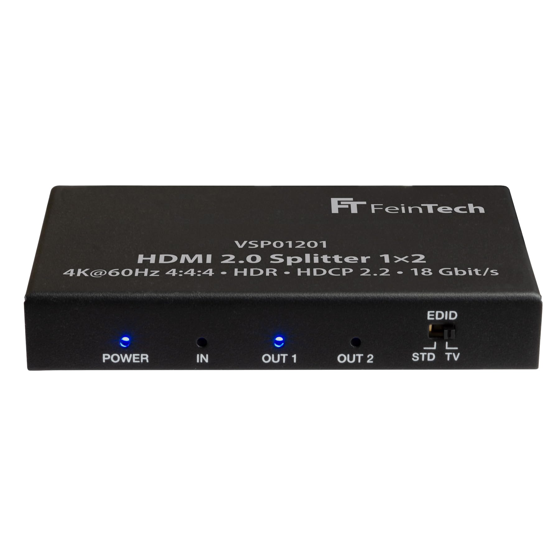 FeinTech VSP01201 HDMI 2.0 Splitter 1 in 2 out distributor Ultra-HD 4K 60Hz YUV 4:4:4 HDR EDID Scaler, Black