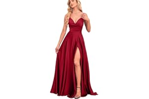 IIF Bridesmaid Dresses with Slit Satin A Line Spaghetti Strap Formal Prom Evening Party Gown with Pocket IIF023