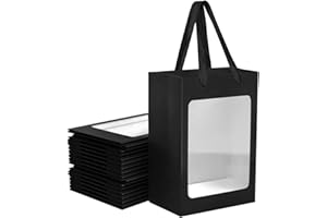BALLHULL 12 Pcs Black Kraft Paper Gift Bags with Transparent Window, 9.84"x7.0"x5.12" Kraft Shopping Bags with Handles for Present, Festivals Party