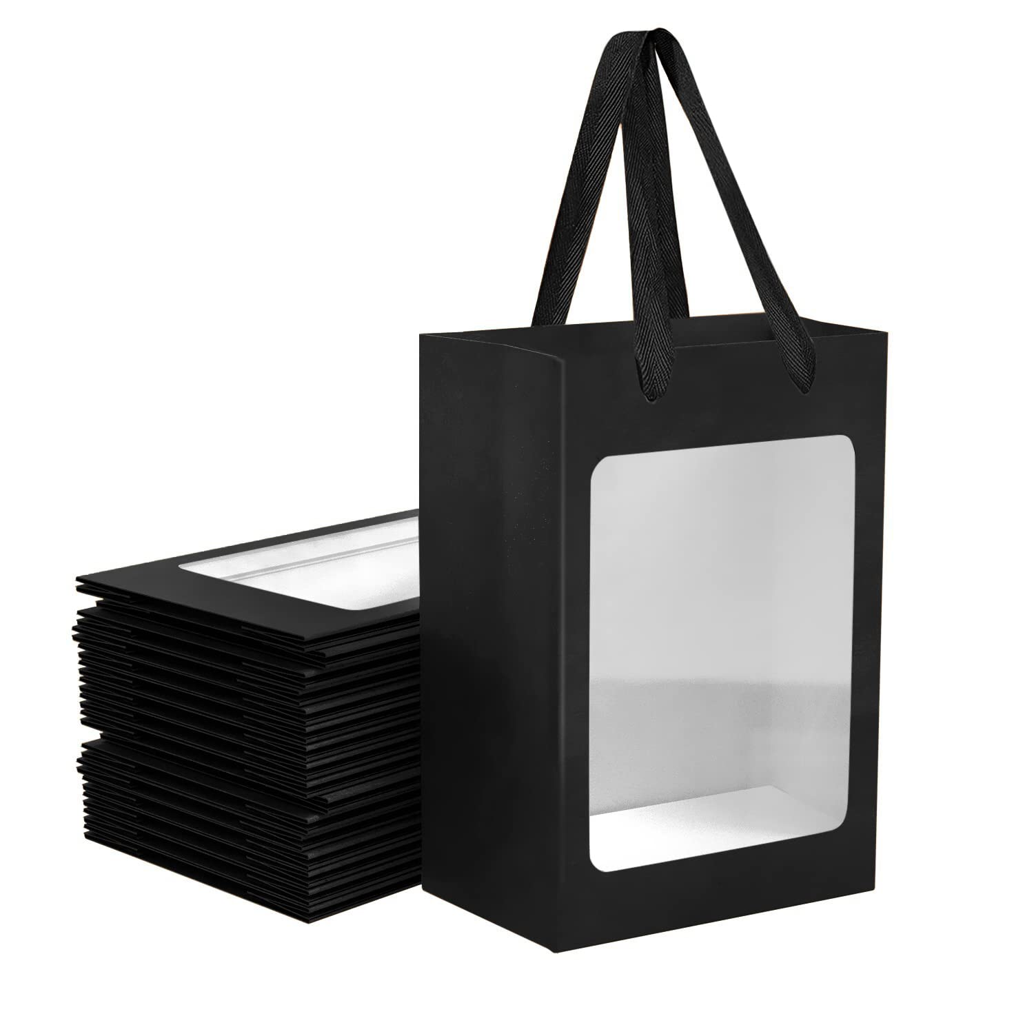 Photo 1 of 12 Pcs Black Kraft Paper Gift Bags with Transparent Window, 9.84"x7.0"x5.12" Kraft Shopping Bags with Handles for Bouquet Christmas Birthdays Festivals Party Weddings Wrapping
