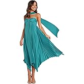 Smileven Satin Spaghetti Strap Bridesmaid Dresses with Scarf Midi Pleated Formal Wedding Guest Gowns