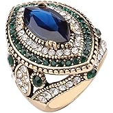 Vintage Gorgeous Big Size Gold Plated Crystal Inlaid Statement Ring Punk Turkish Colorful Gemstone Dinner Party Jewelry for Women
