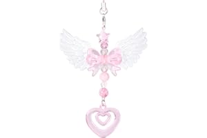Pink Heart Wings Phone Charm Pendant, Cute Heart Star Angel Wings Bow Beaded Aesthetic Cell Phone Chain Y2k Accessories for W