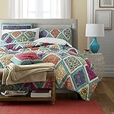 DaDa Bedding Bohemian Fairy Forest Glade Patchwork Cotton Quilted Sqaure Pillow Accent Euro Cover Case - Bright Vibrant Multi-Colorful Turquoise Teal Blue Diamond Floral Print -26