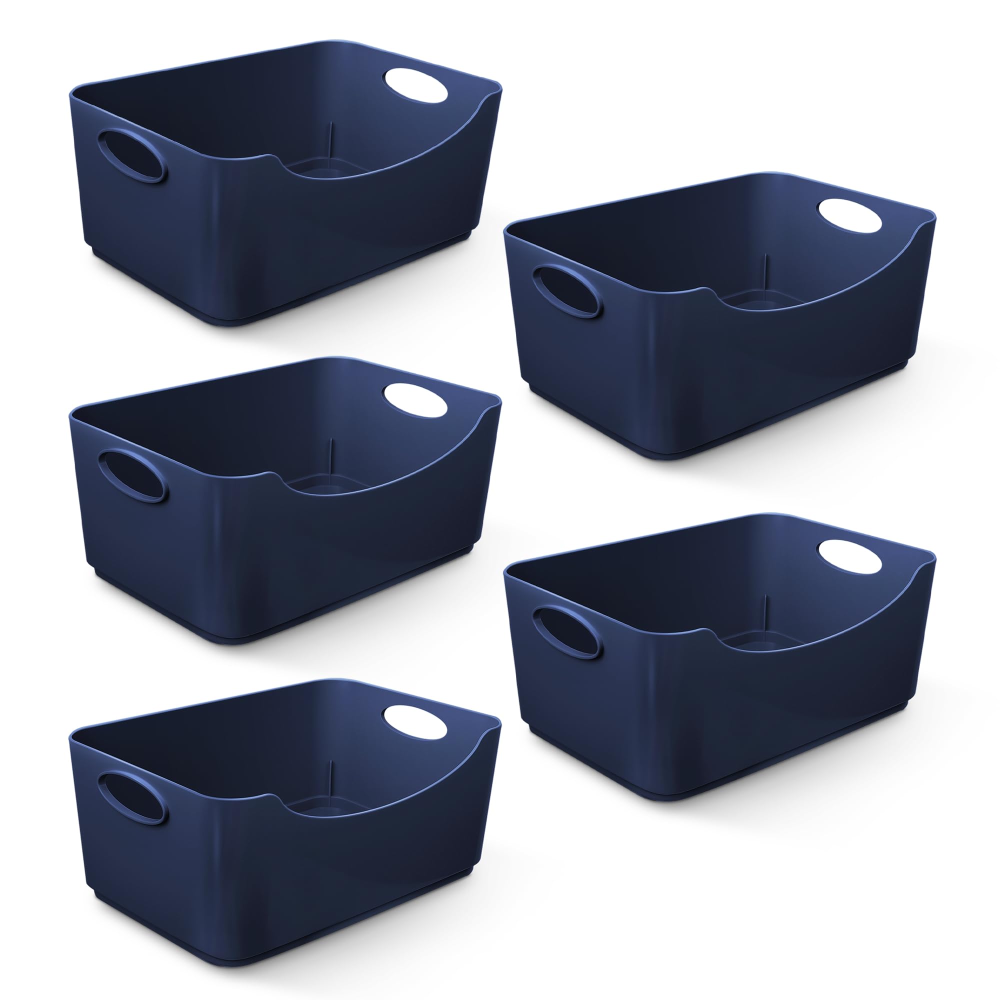 KEPLIN 5 Pack Plastic Studio Baskets with Sturdy Handles, Multi-Purpose Organiser Boxes for Home, Kitchen & Bathroom, Shelves & Drawers, Lightweight Space-Saving Containers, 22.3 x 14.8 x 10 cm