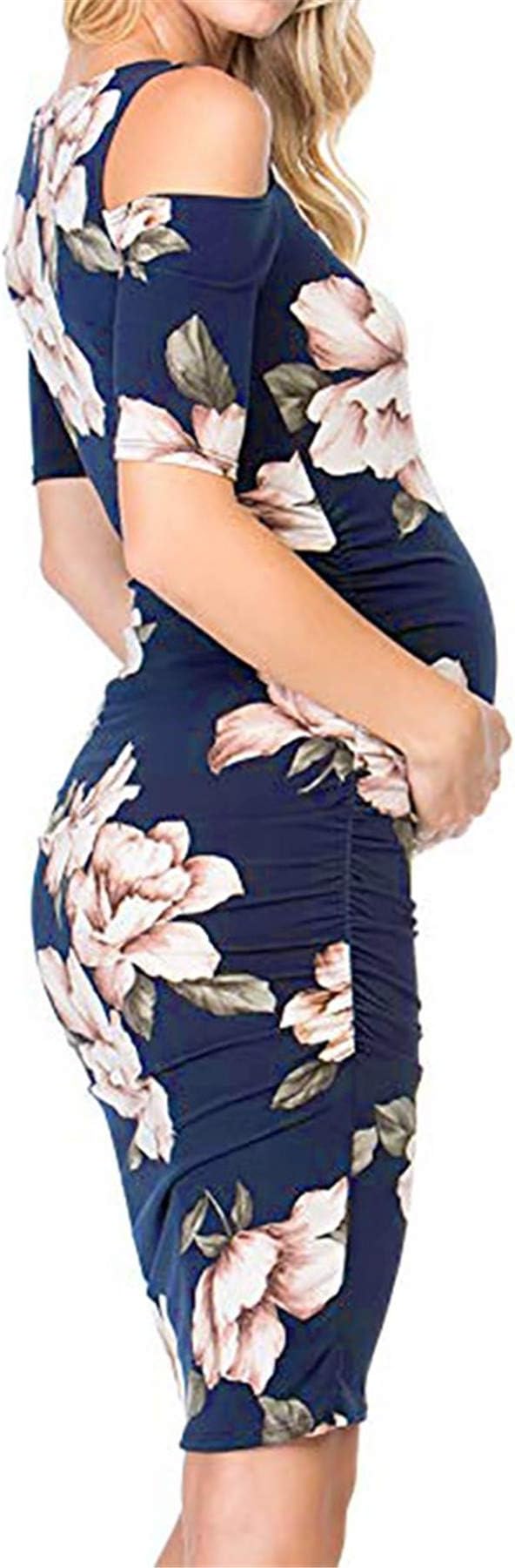 Maternity Dresses, Cold Shoulder Maternity Dress Casual Floral Printed Ruched Side Knee Length Pregnancy Dress Clothes by Clemunn