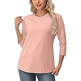 ALUS 3/4 Length Sleeve Tops for Women Crew Neck Casual Blouses Basic T Shirts