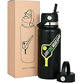 MINYJHZ Pickleball Water Bottle 32 oz, Gifts for Pickleball Lovers, Wide Mouth Vacuum Insulated Sports Bottle with 2 Leakproof Lids, Stainless Steel Cup with Straw for Cold Drinks