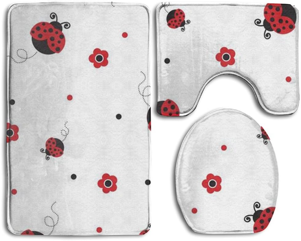 3 Pcs/set Bathroom Non-Slip Ladybug Style Pedestal Rug + Lid Toilet Cover + Bath Mat