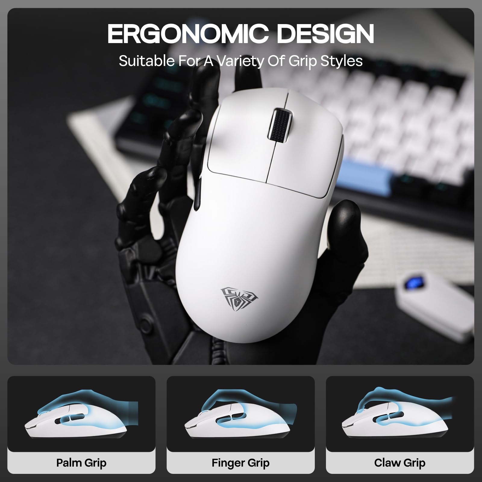 EPOMAKER Aula SC800 Wireless Gaming Mouse, 37g Lightweight, Adjustable 26,000 DPI, 8k Polling Rate, PAW3395, Programmable Buttons, On-Board Memory, 250mAh Battery, PC/MAC/Linux (White)