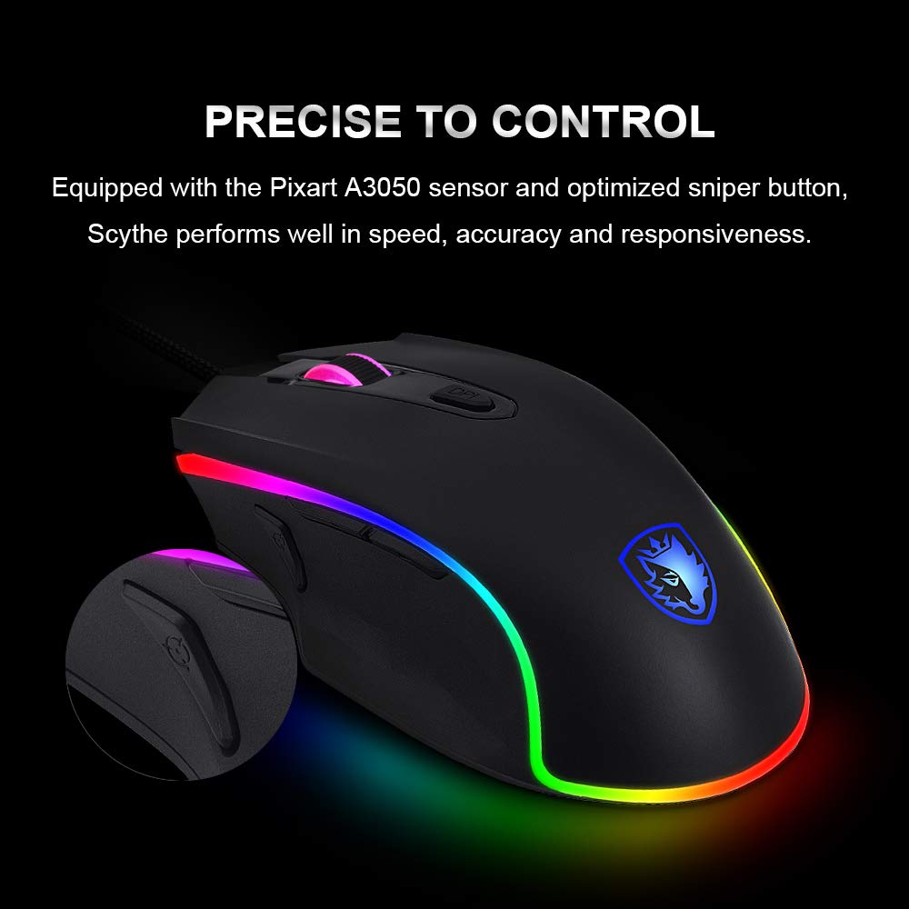[Premium Version] SADES Gaming Mouse Wired -Scythe- 7 Programmable Buttons, 11 RGB Lighting, 4000 DPI Adjustable, Comfortable Grip Ergonomic Optical PC Computer Gaming Mice with Sniper Button