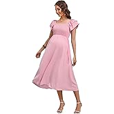 KOJOOIN Womens Maternity Flutter Short Sleeve Square Neck Summer Casual Dress Smocked Boho Maxi Dress Photoshoot Baby Shower