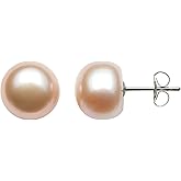 Belacqua Sterling Silver AAA Quality White, Pink, Black or Chocolate Freshwater Cultured Button Pearl Stud Earrings for Women, Size - Small 5.5 mm to Large 10.5 mm, Real Pearl Jewelry for Women, Gift Box Included