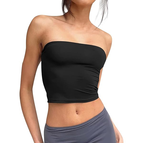 tope tubetop ブラック　黒 Amazon.com: Women Strapless Tube Tops Basic Crop Strachy