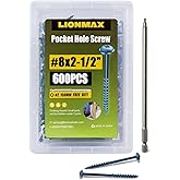 LIONMAX Pocket Hole Screws, #8 x 2-1/2" Exterior Pocket Screws 600PCS, Blue Coated for Weather Resistant, Coarse Thread, Washer Head with Square Drive, 150MM Drive Bit Included
